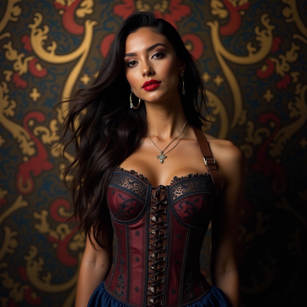 Striking Woman in Elaborate Red and Black Corset