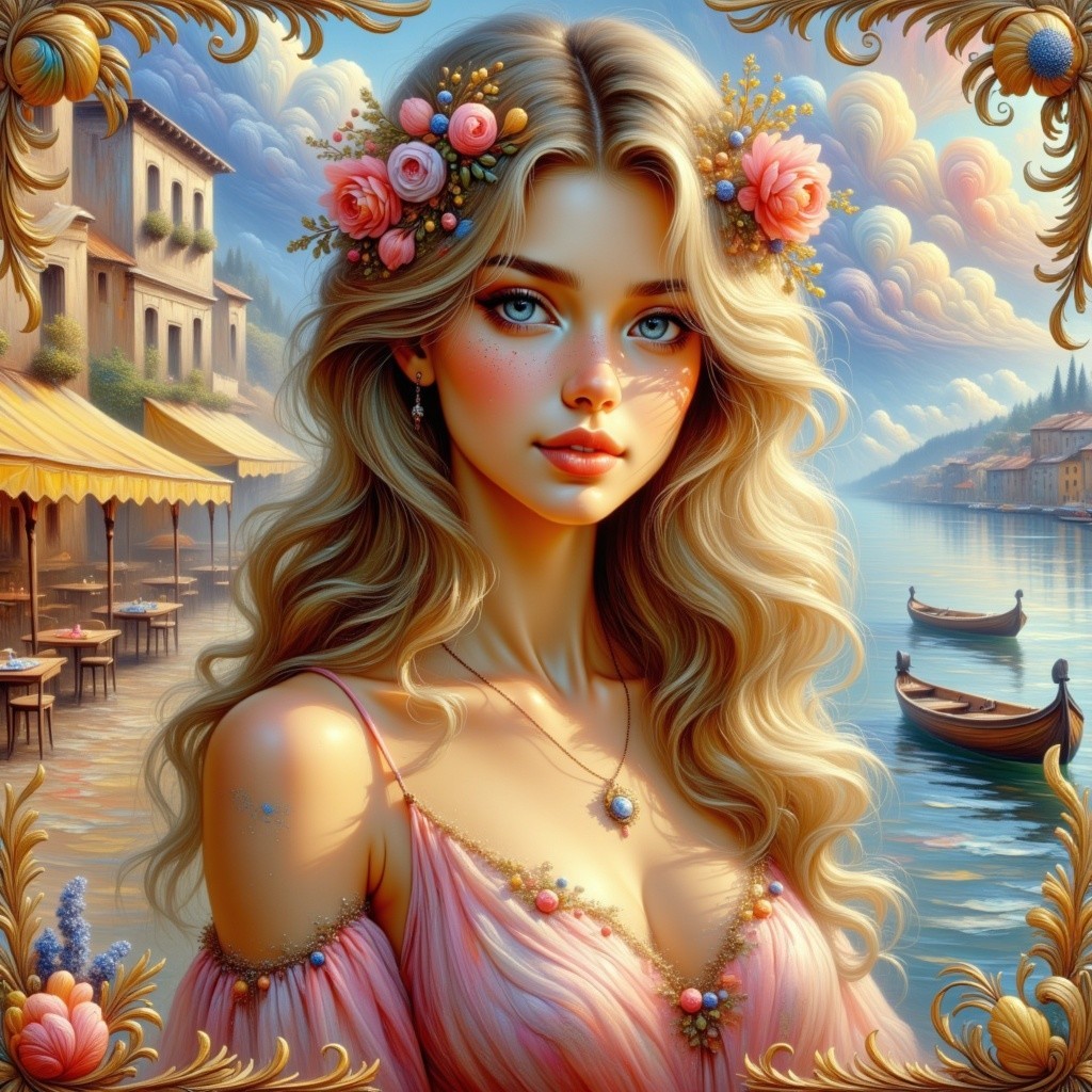 Young woman in pink dress by serene waterfront scene