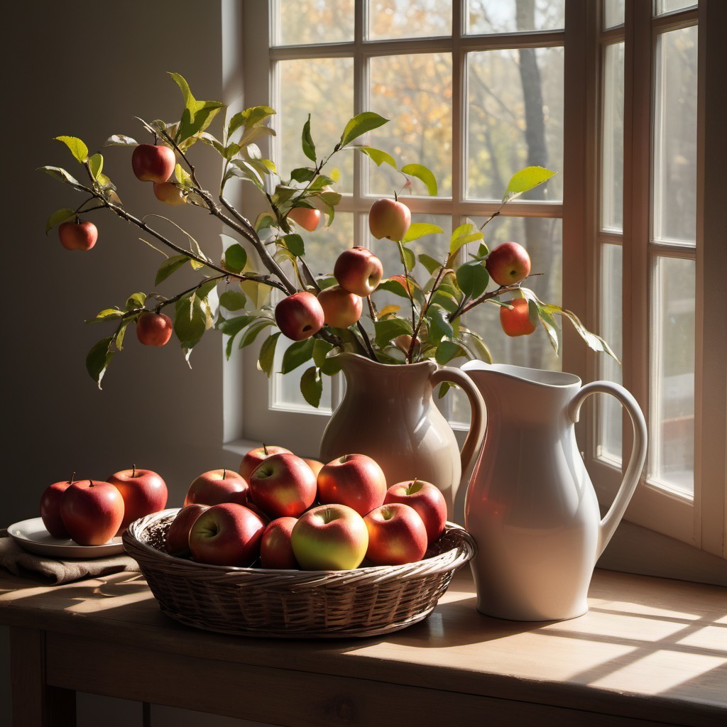 Sunlit Basket of Red Apples on Wooden Table