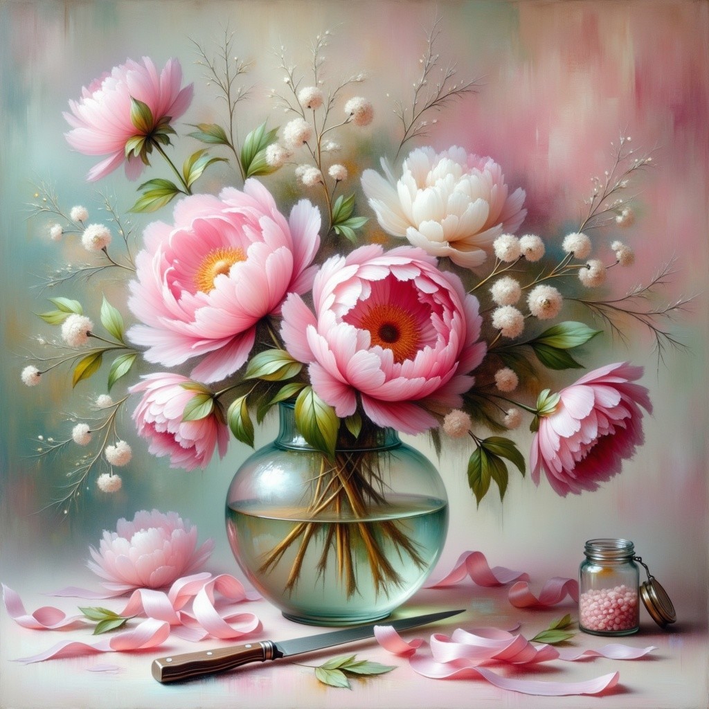 Pink Peony Bouquet in Glass Vase with Greenery