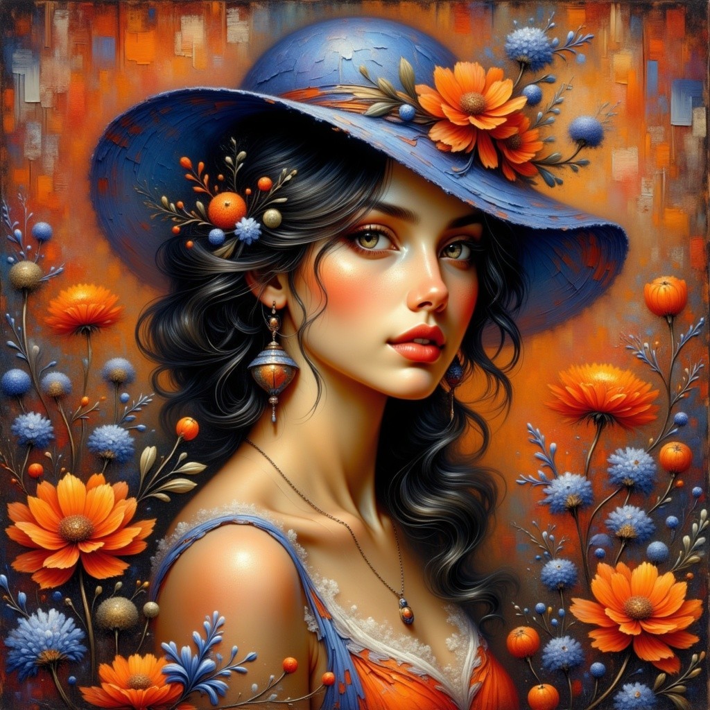 Young Woman in Blue Hat Surrounded by Colorful Flowers