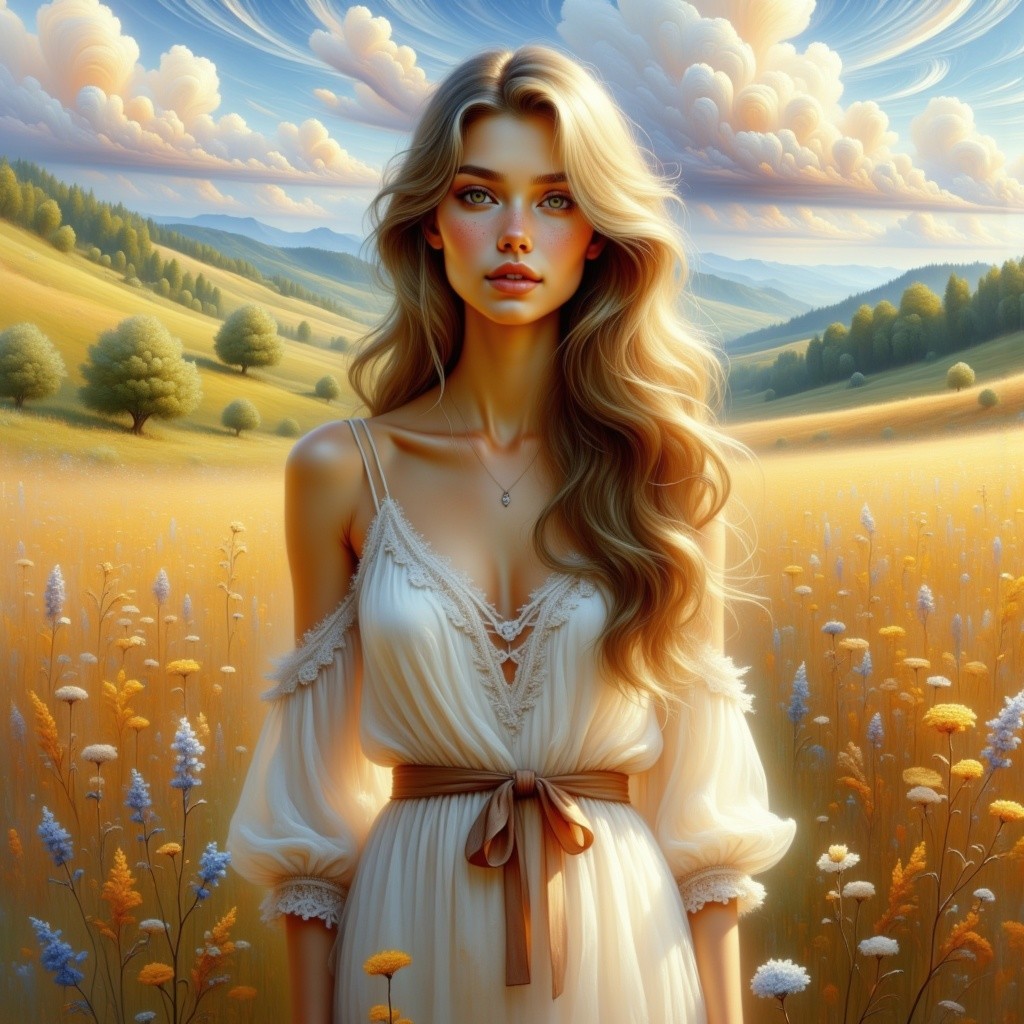 Young woman in a golden field with wildflowers