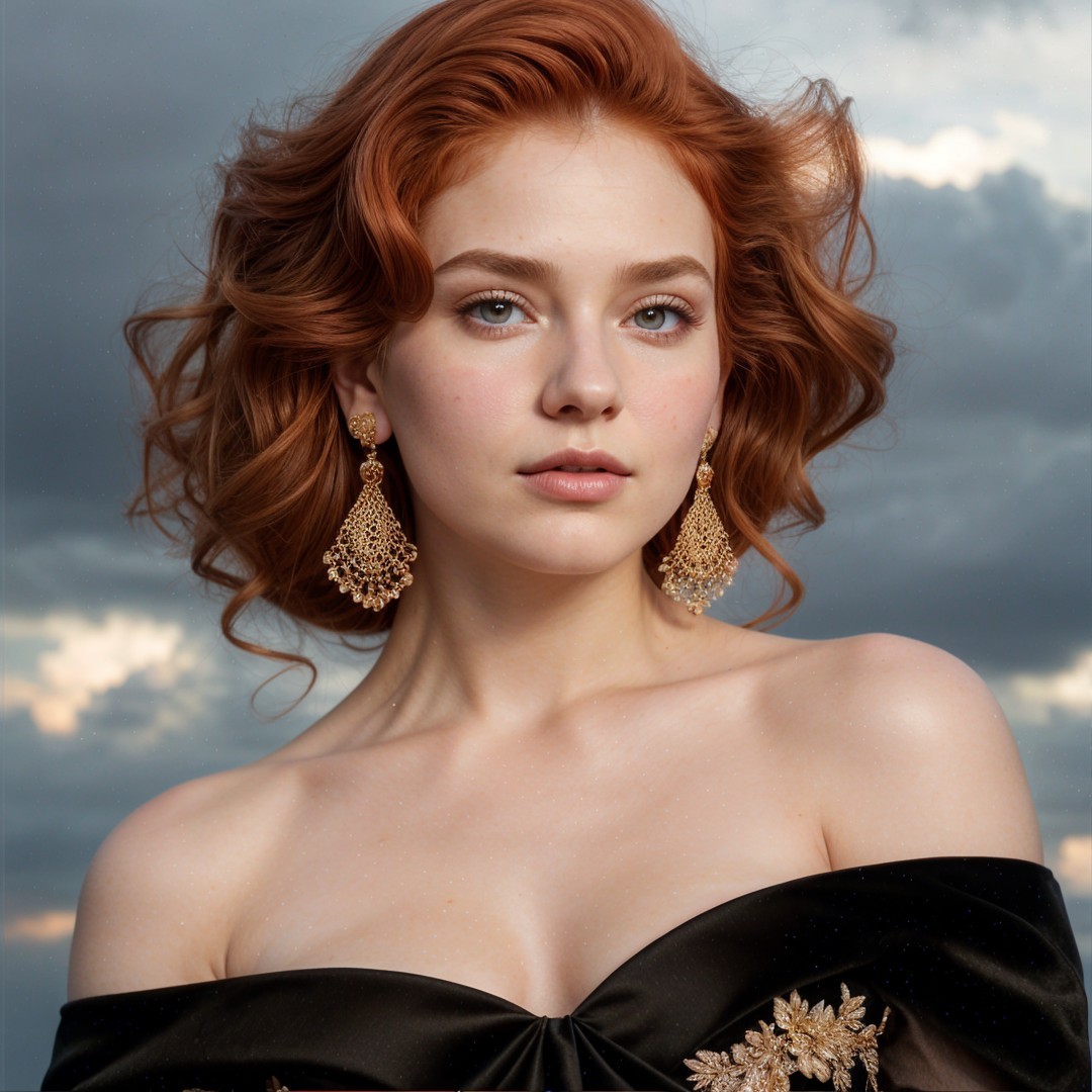 Young woman in elegant gown against stormy sky