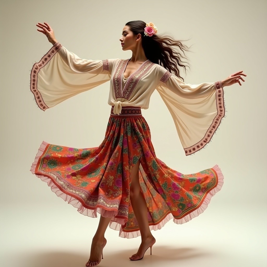 Elegant Woman in Floral Dress with Billowing Sleeves