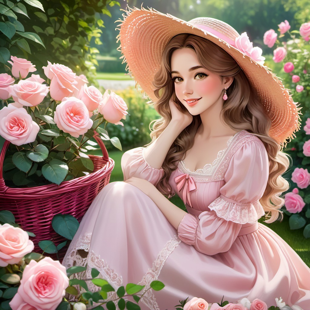 Young Woman in Pink Dress in Blooming Rose Garden