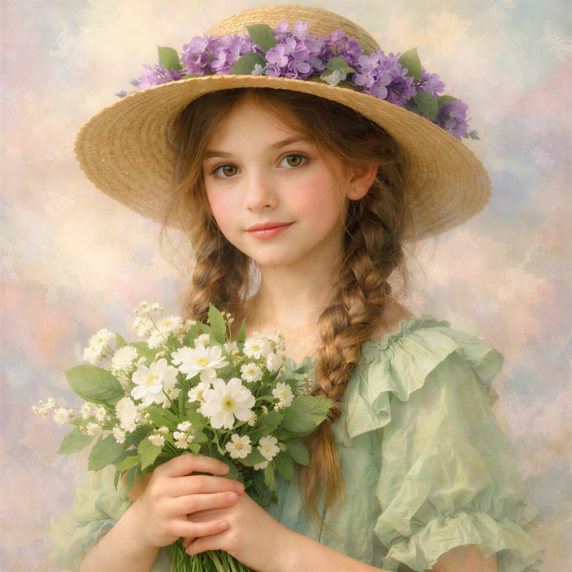 Little girl in straw hat with bouquet and soft dress