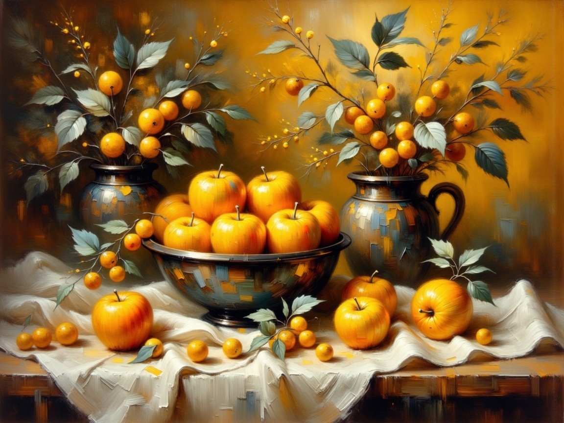 Vibrant Still Life with Golden Apples and Citrus Fruits