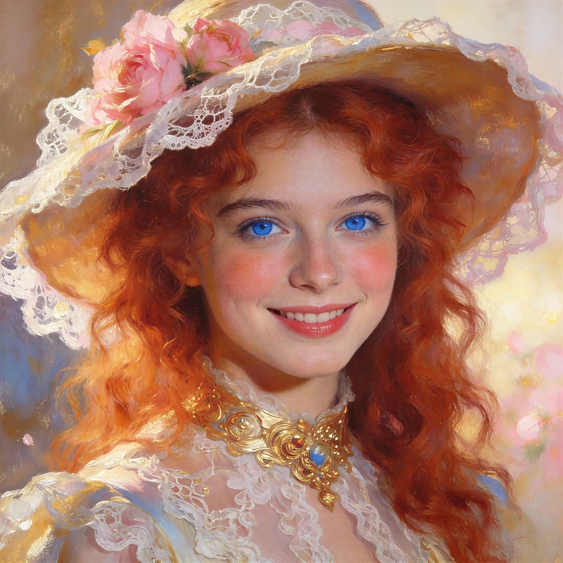 Young woman with blue eyes in a straw hat and lace