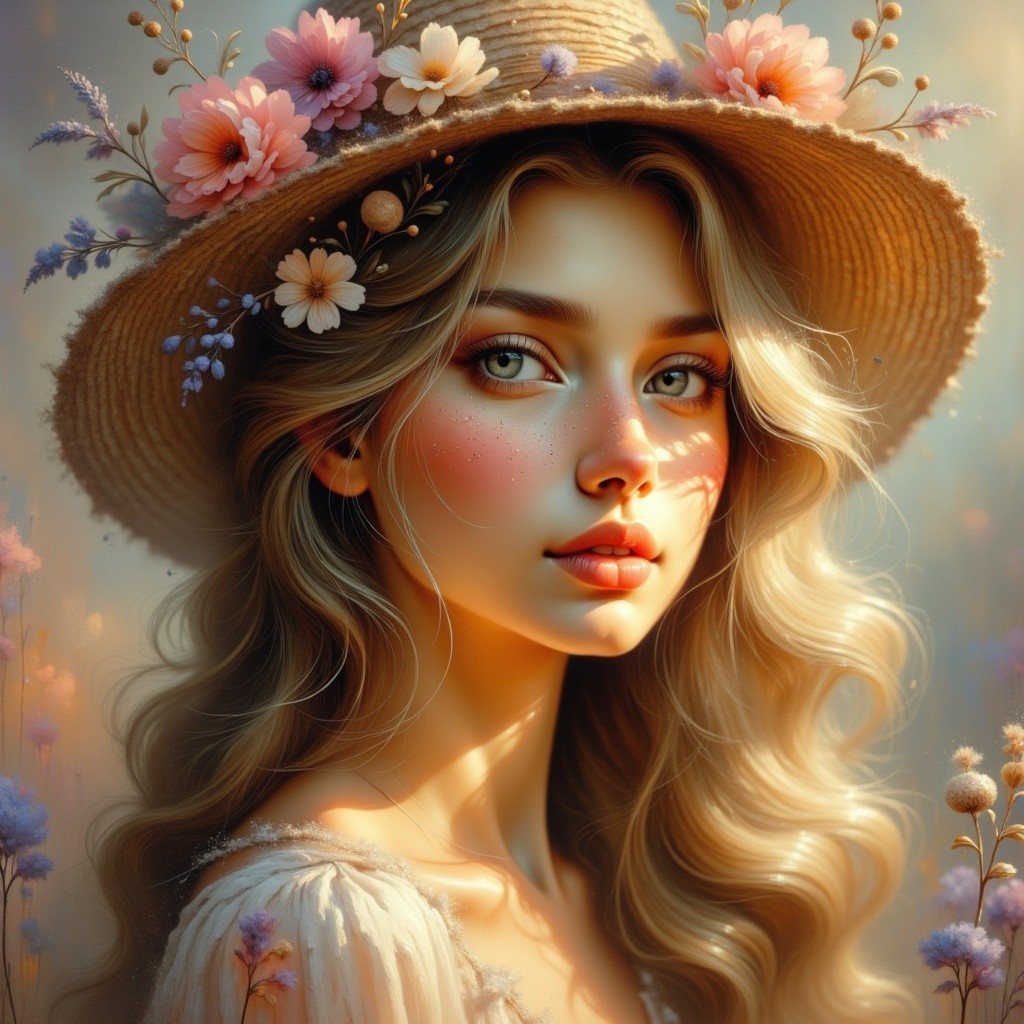 Young woman in straw hat among pastel flowers
