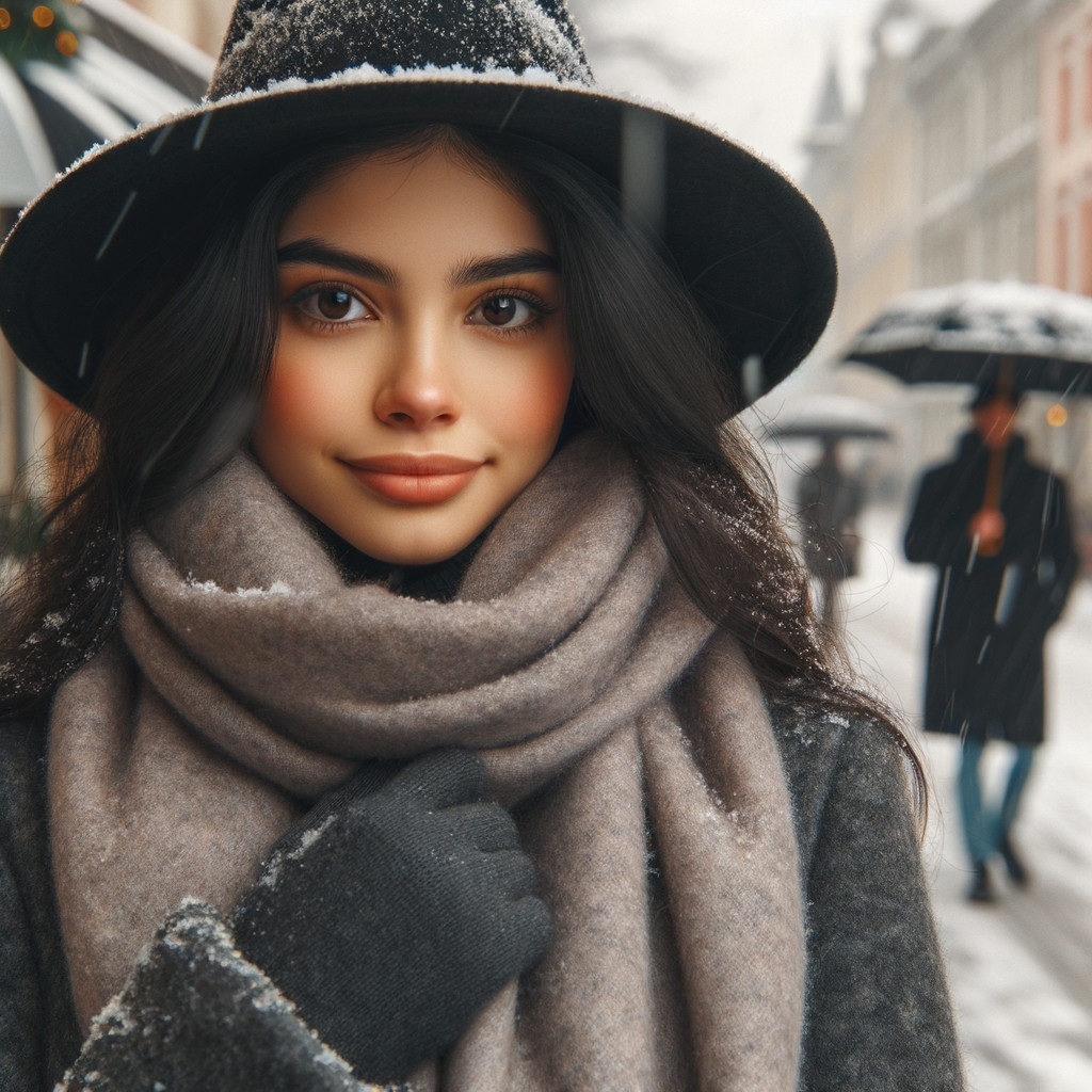 Young woman in winter attire with snowy backdrop