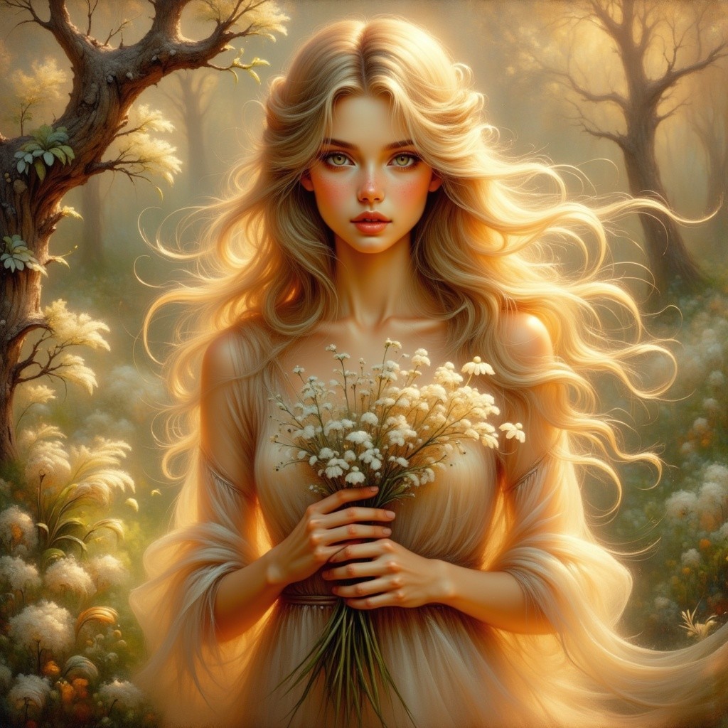 Young Woman in Sunlit Forest with Wildflowers