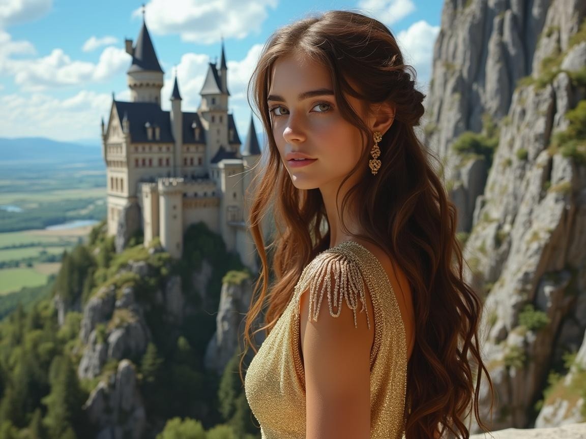 Woman in Golden Dress by Fairytale Castle Landscape