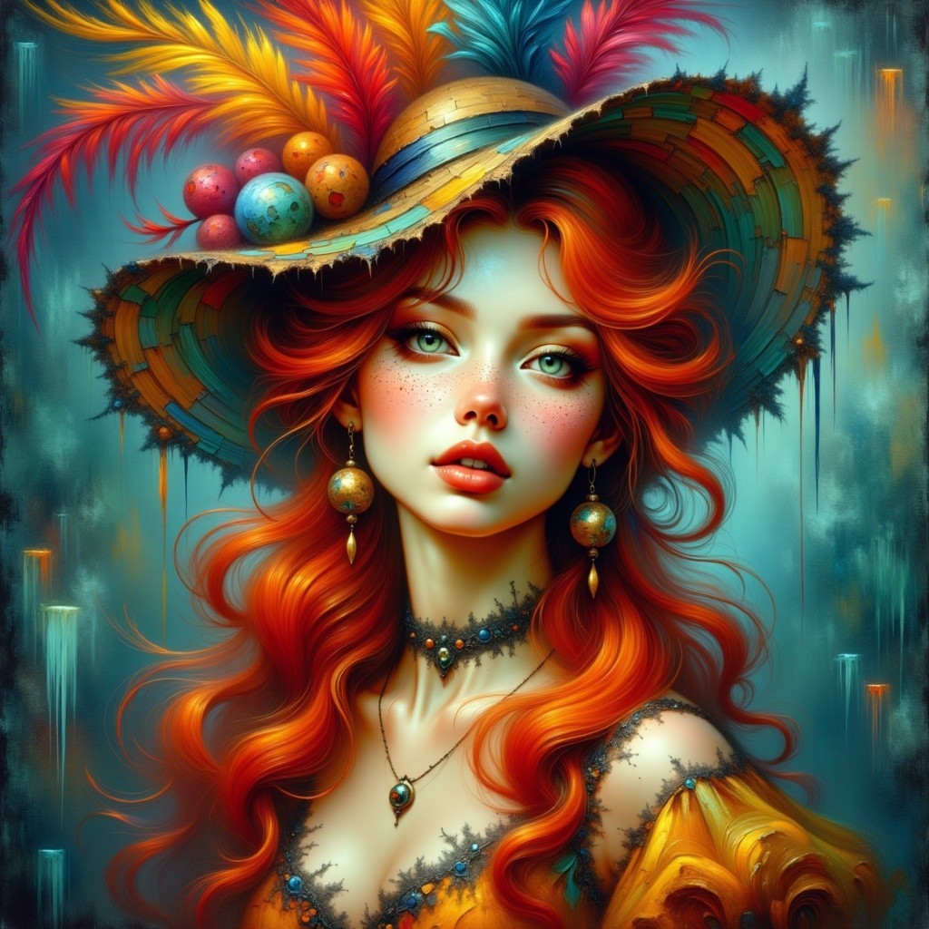 Vibrant Red-Haired Woman in Elaborate Hat and Attire