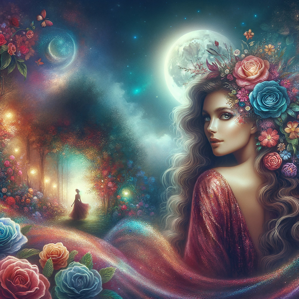 Ethereal Scene of Woman with Flowers and Moonlight