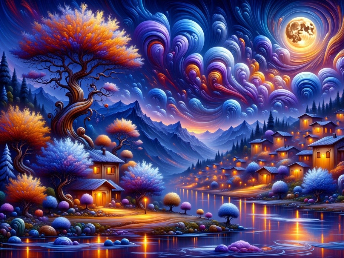 Vibrant Fantasy Landscape with Serene Lake and Night Sky
