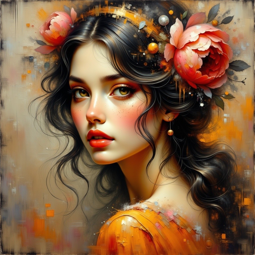 Portrait of a Young Woman with Flowers and Warm Colors