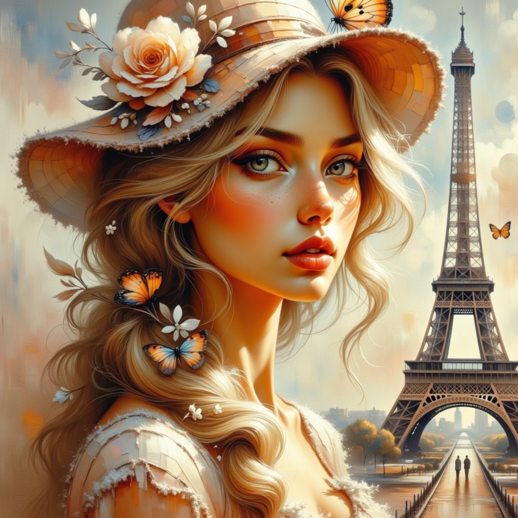 Young woman with blonde hair near Eiffel Tower and butterflies