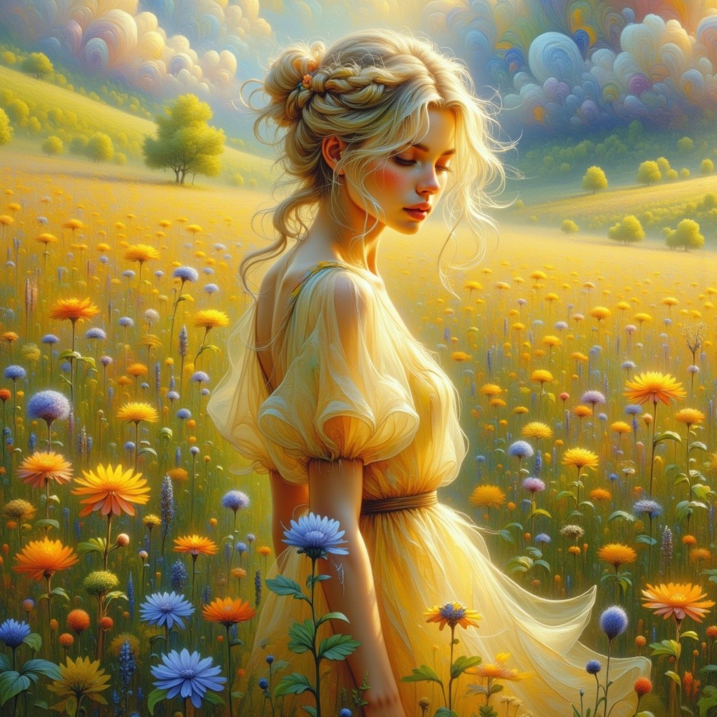 Young Woman in Yellow Dress Among Wildflowers