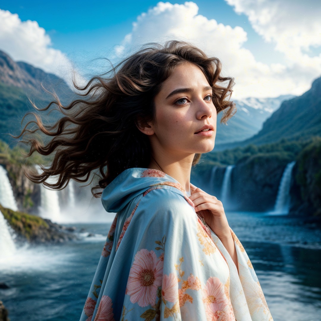 Young woman by serene water with waterfalls and hills