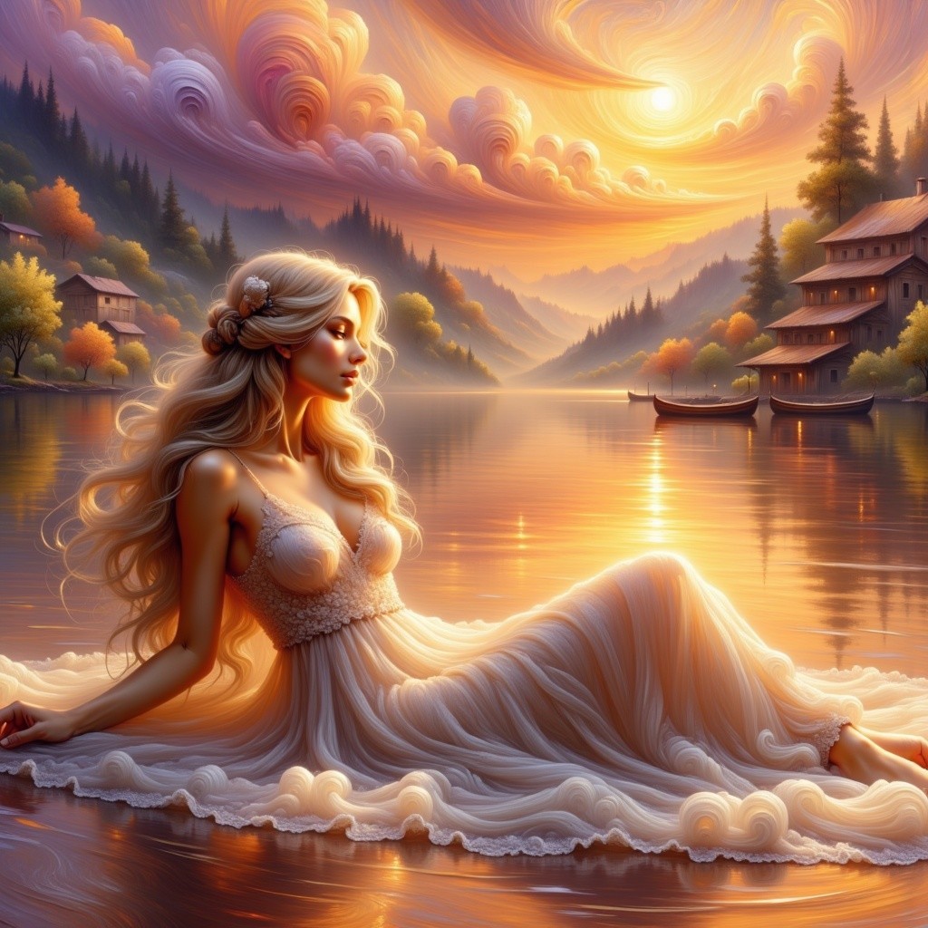 Serene Sunset Landscape with Woman by Tranquil Lake