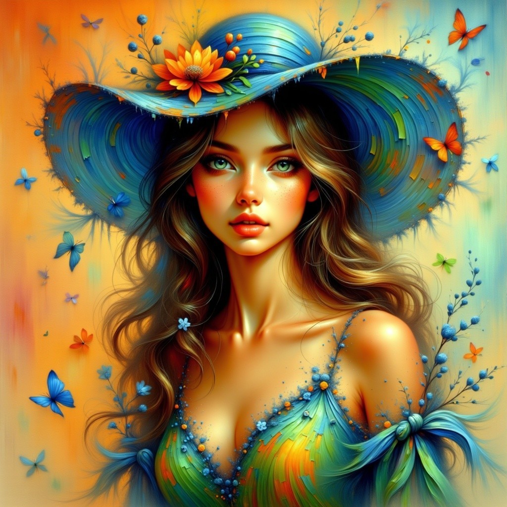 Young woman in blue hat with floral dress and butterflies