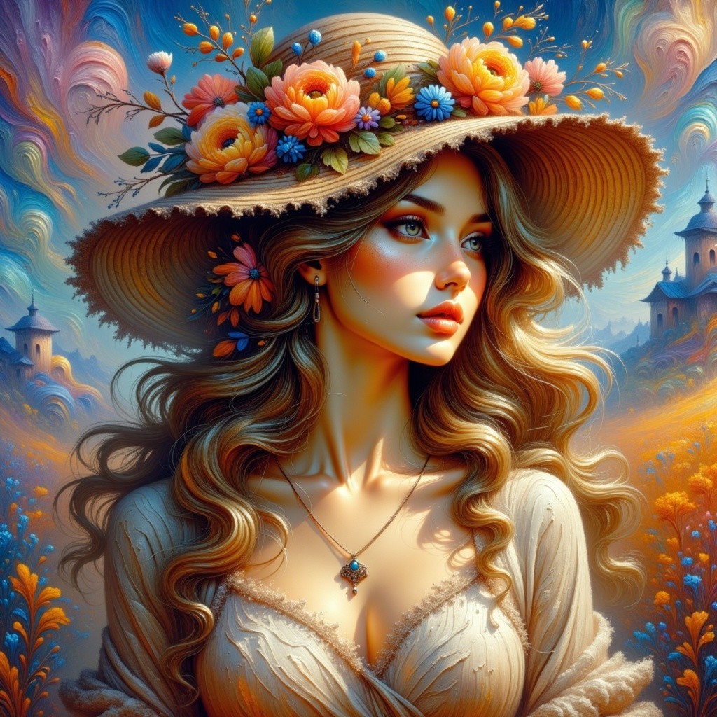 Young woman in floral crown amid picturesque landscape