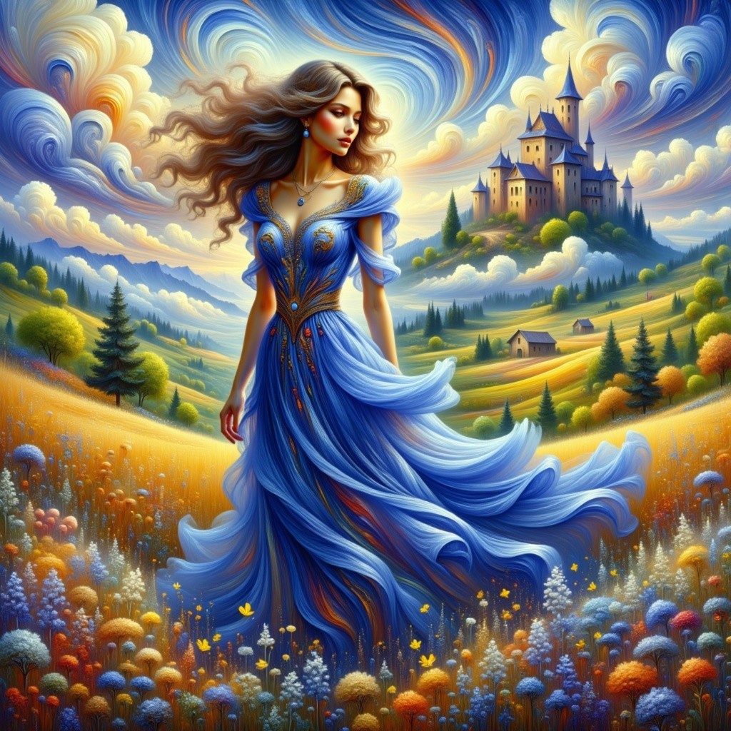 Woman in Blue Gown Walking Through Colorful Meadow