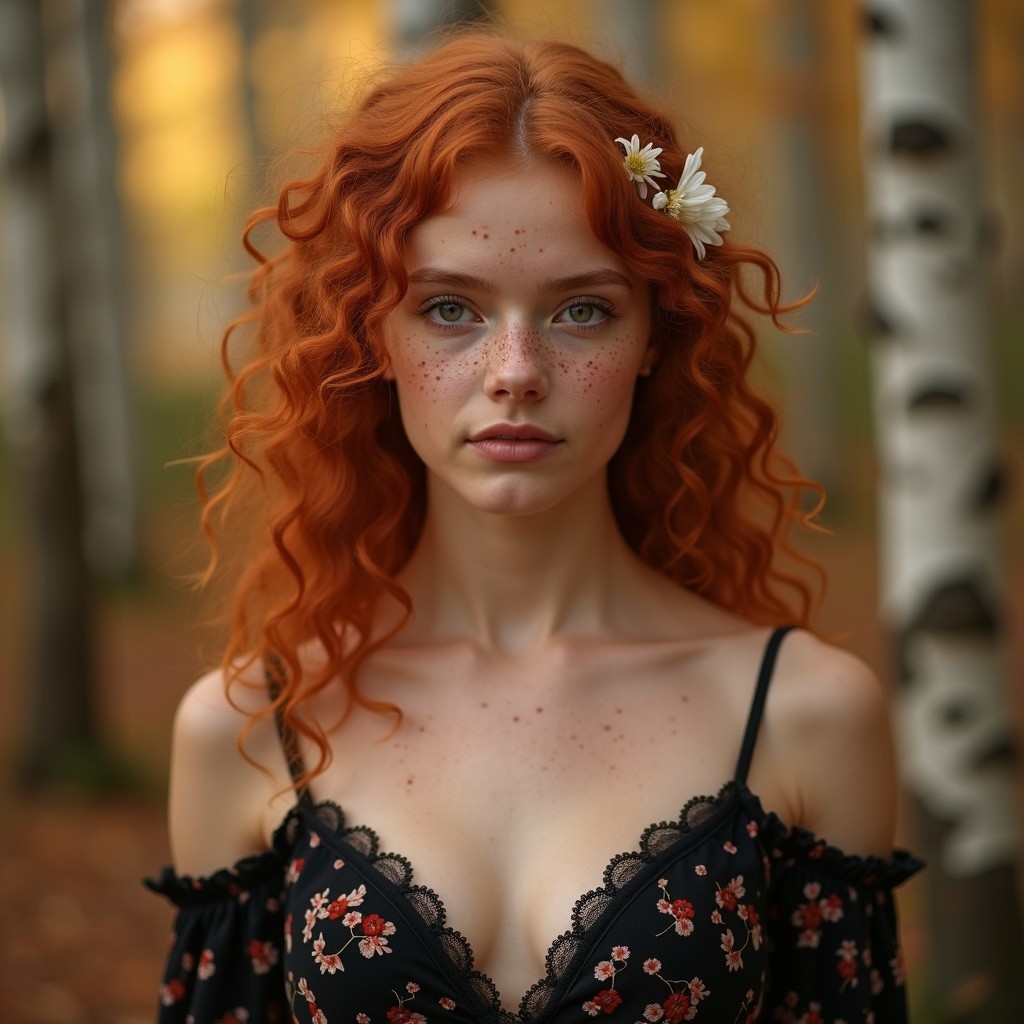 Young Woman with Red Hair in Autumn Forest Setting