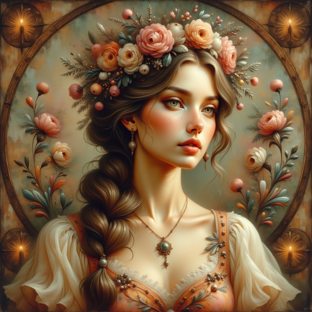 Young Woman in Vintage Dress with Floral Crown