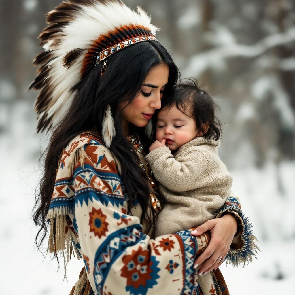 Woman in traditional garment holds infant in winter scene