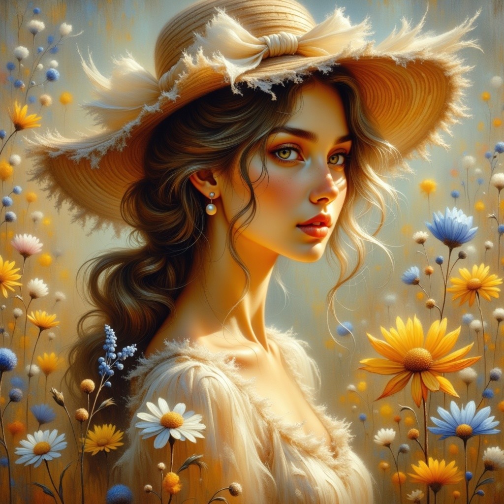 Young Woman in Straw Hat Surrounded by Wildflowers