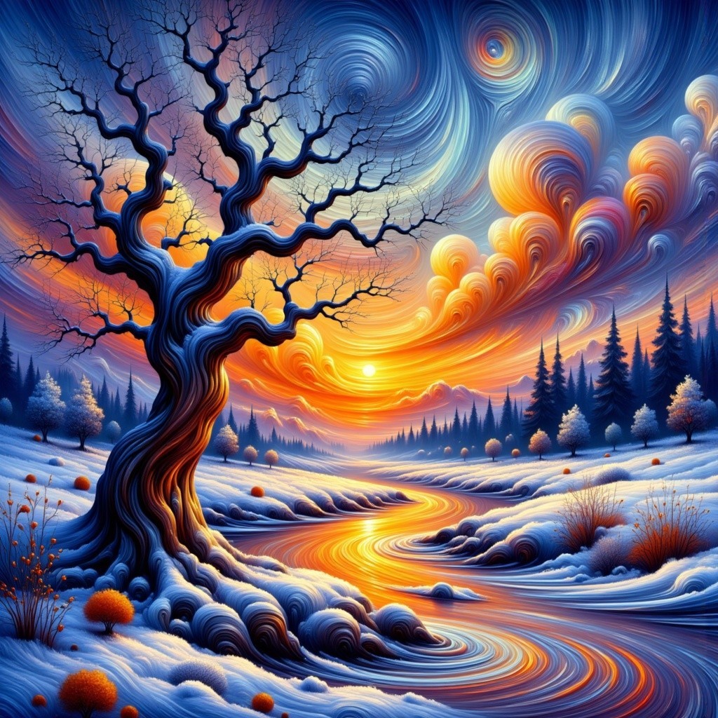 Surreal Landscape with Twisted Tree and Vibrant Sunset