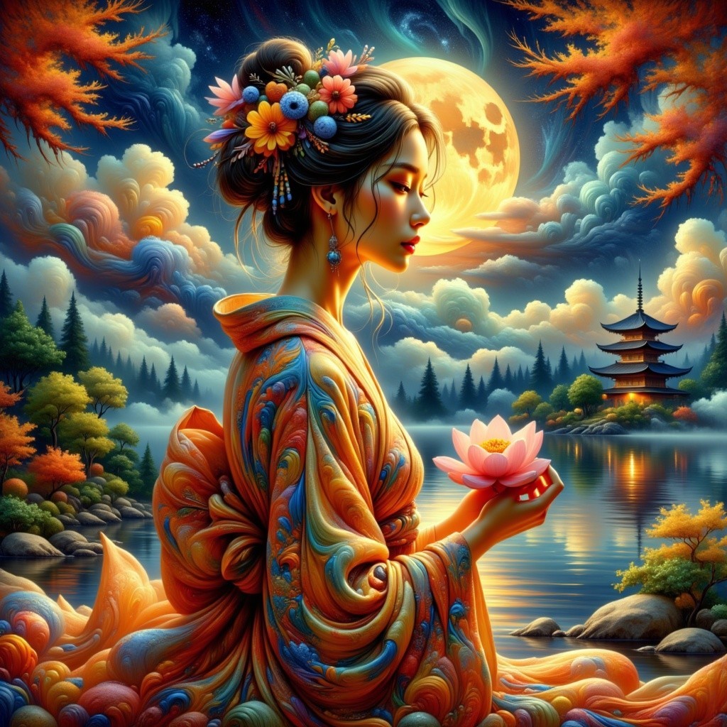 Woman in Kimono with Lotus by Moonlit Lake