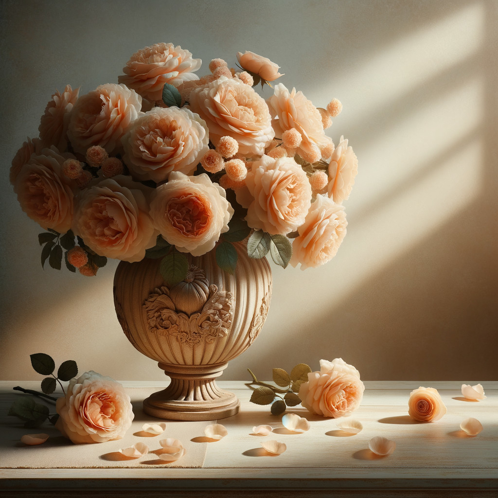 Elegant Peach Roses in Ornate Vase with Petals