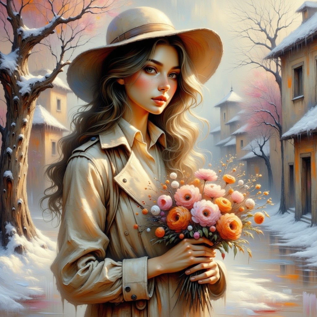 Young Woman in Winter Landscape with Flowers and Snow