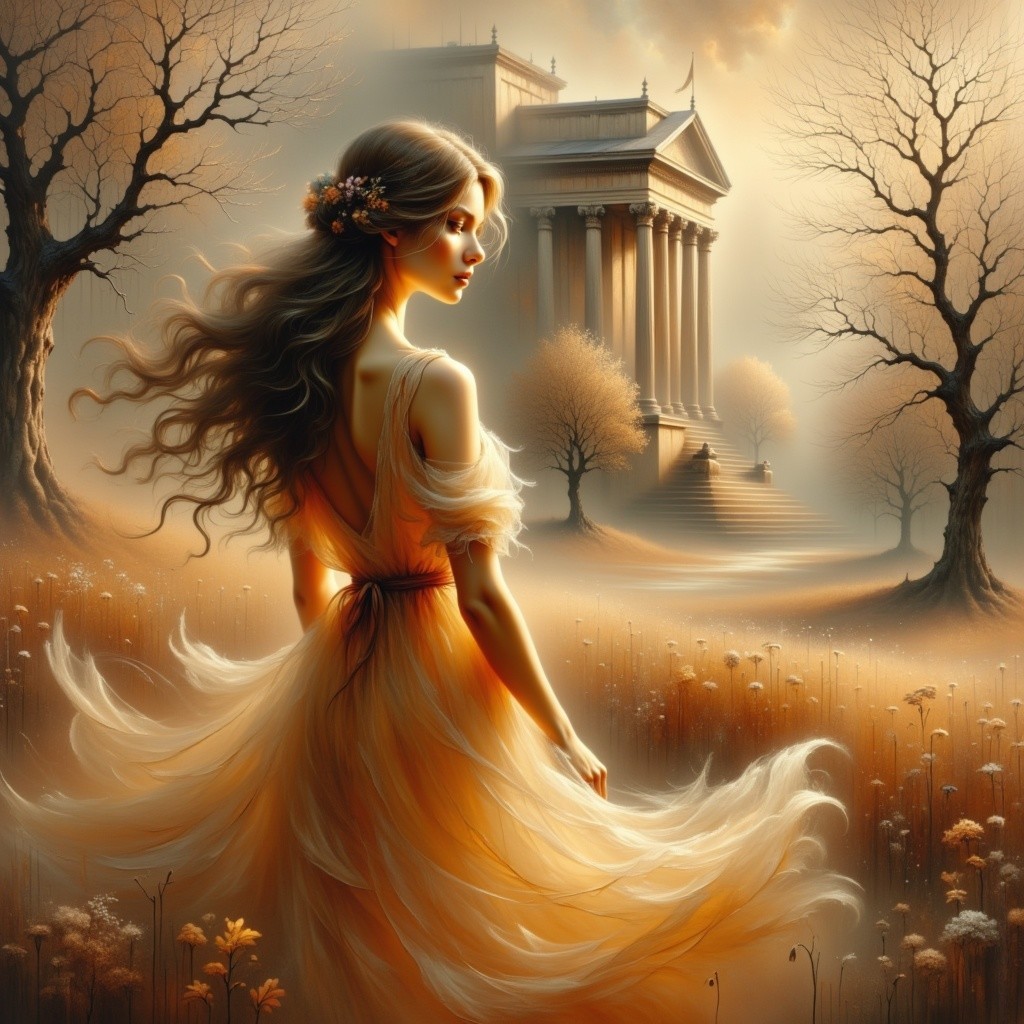 Serene Figure in Golden Gown in Dreamy Landscape