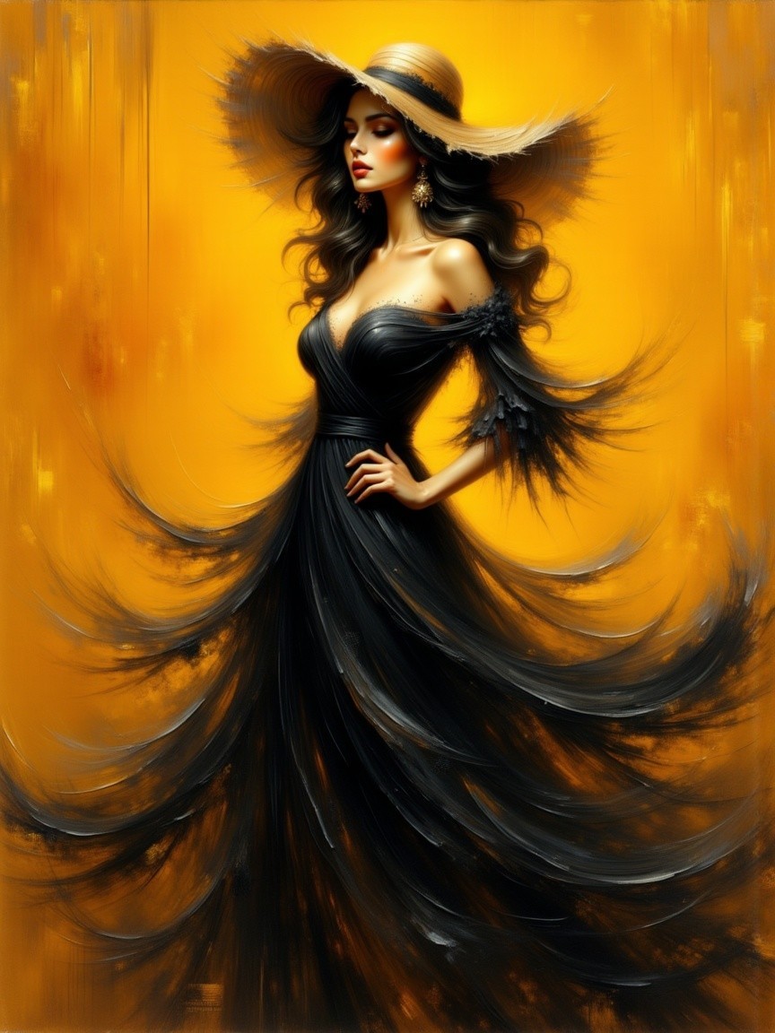Woman in Black Gown Against Vibrant Orange Background