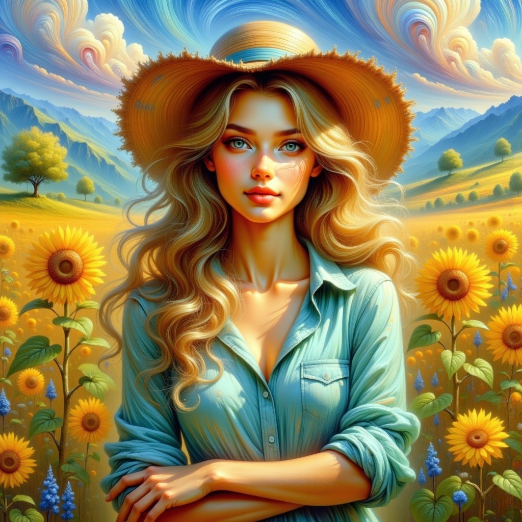 Young Woman in Sunflower Field with Scenic Background