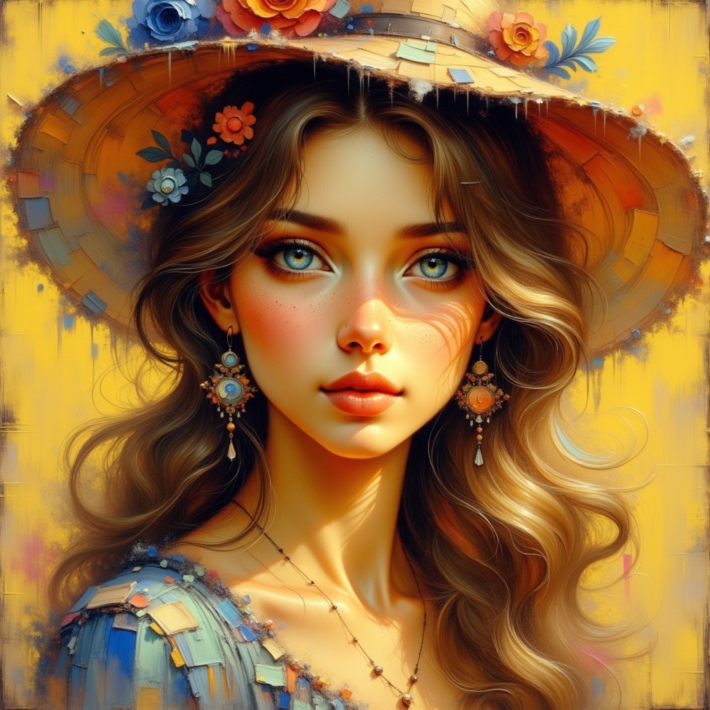 Young woman with blue eyes in a straw hat portrait