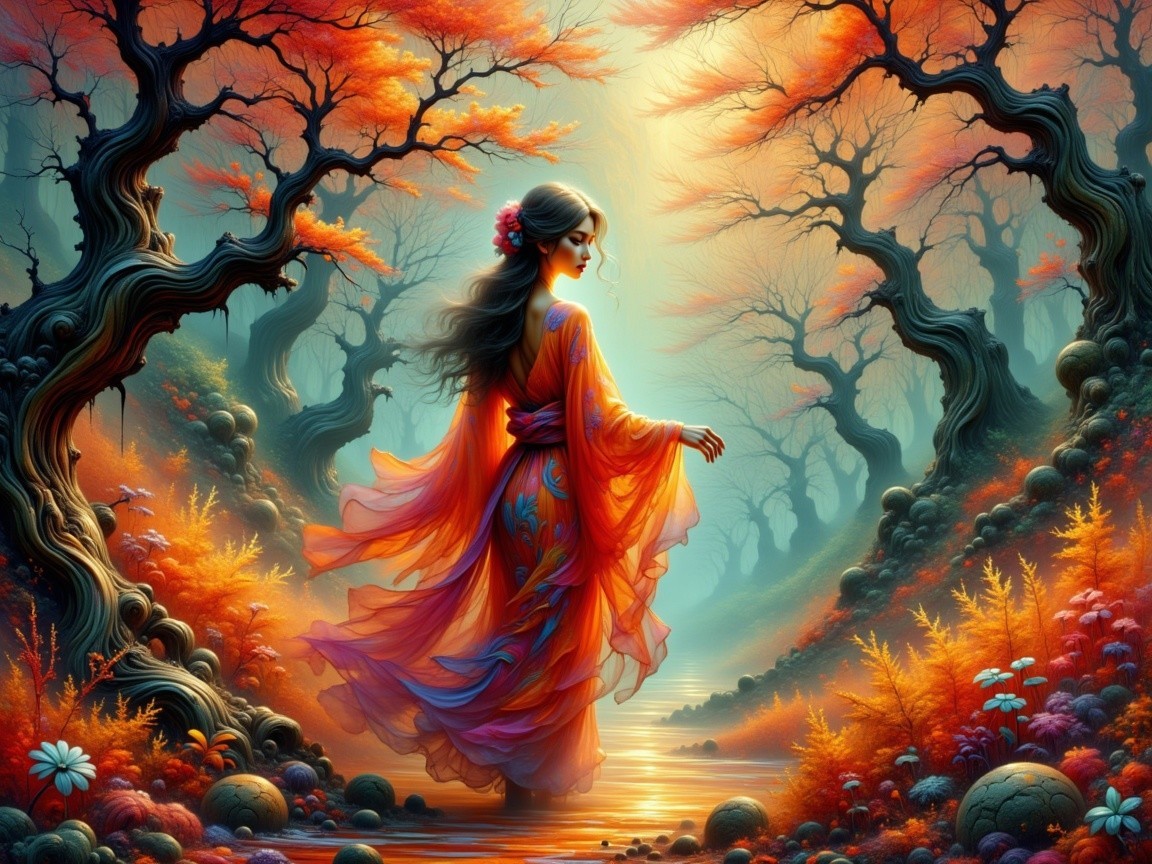 Serene figure in orange kimono in enchanted forest