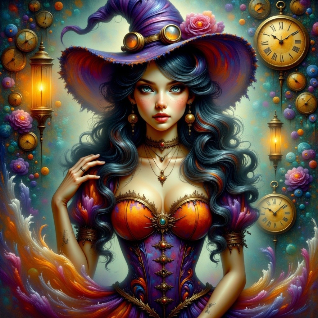 Mystical Sorceress in Colorful Corset and Hat