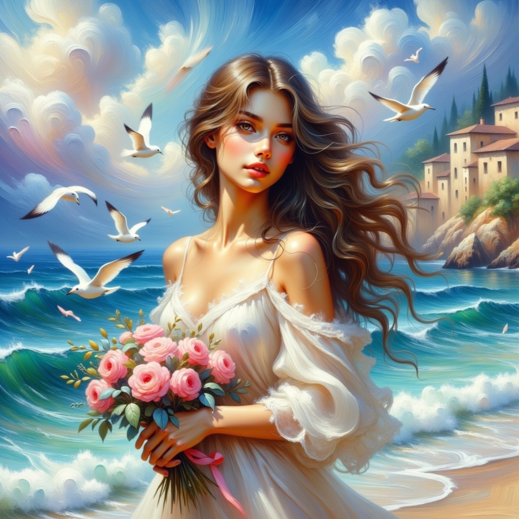 Young woman with roses on a serene beach scene