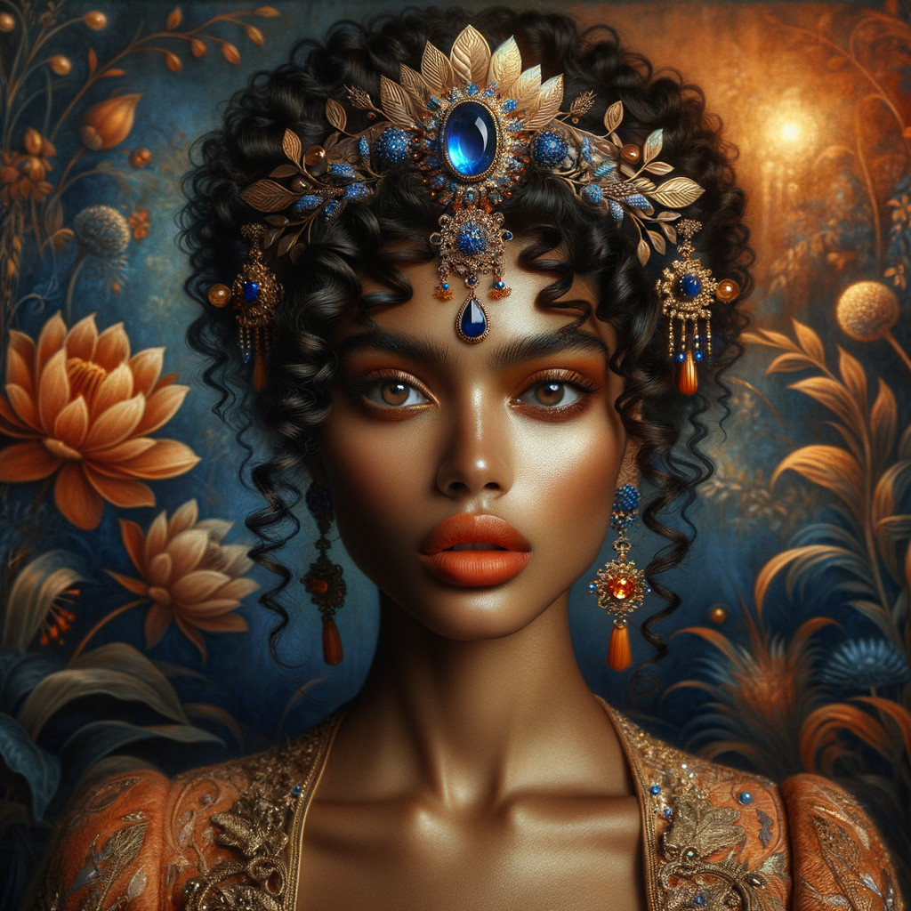 Portrait of a Woman with Curly Hair and Crown