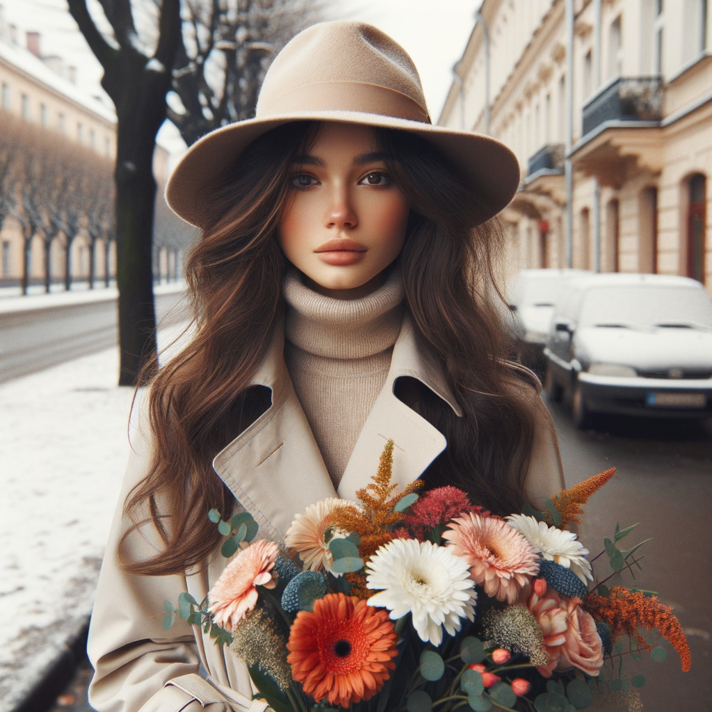 Woman in Beige Coat with Flowers on Snowy Street