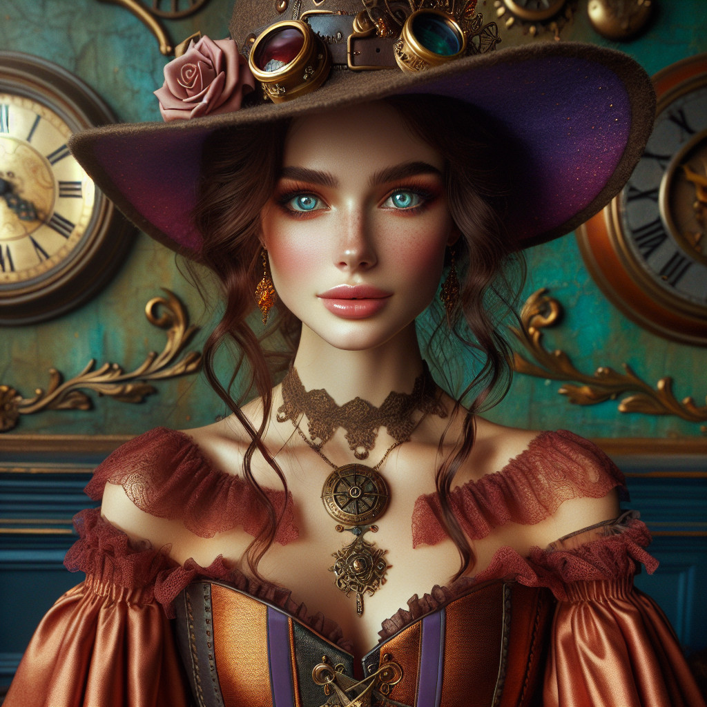 Steampunk Woman in Intricate Corset Dress and Hat