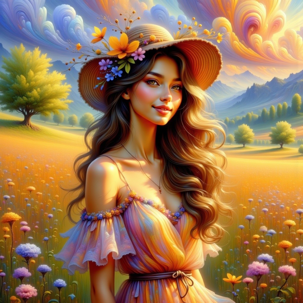 Young Woman in Vibrant Dress Amid Blooming Fields