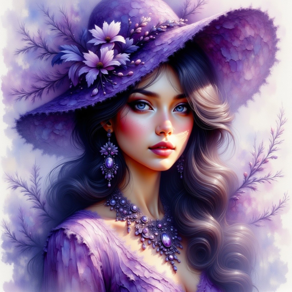 Elegant Woman in Purple Hat and Floral Background