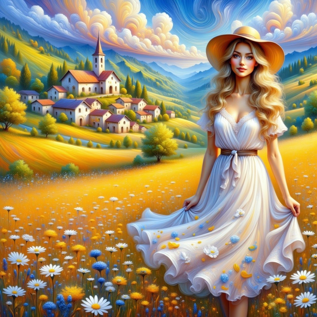 Woman in White Dress in Colorful Meadow Landscape