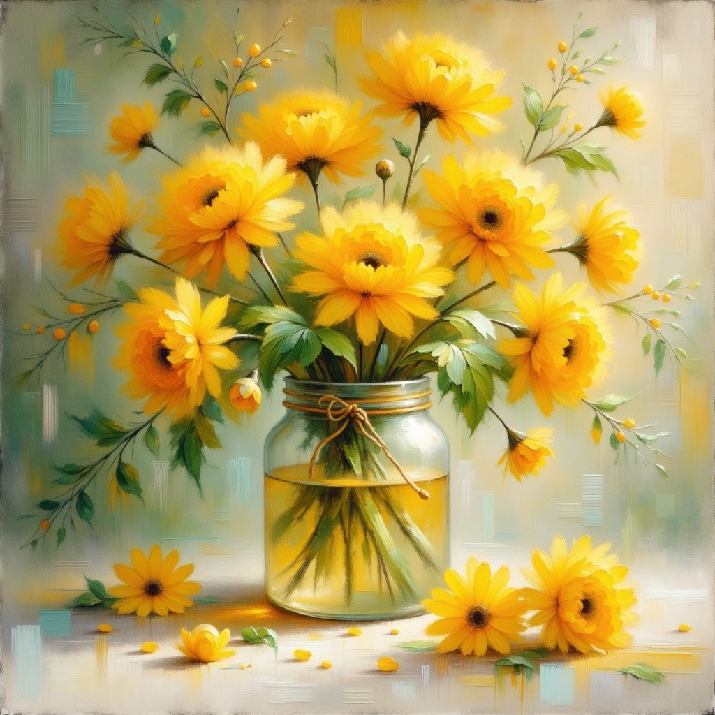 Vibrant Yellow Flower Bouquet in Clear Glass Jar