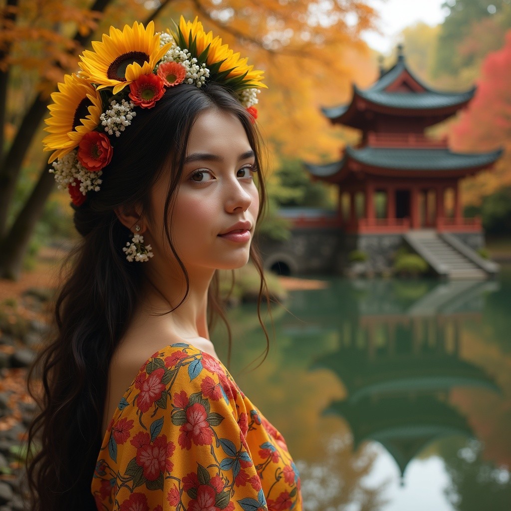 Young woman in floral dress by serene pond and pagoda